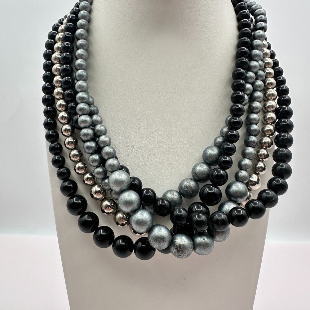 VTG Silver Tone Chunky Chain Necklace Faux Pearl Beaded Bib Y2K Statement